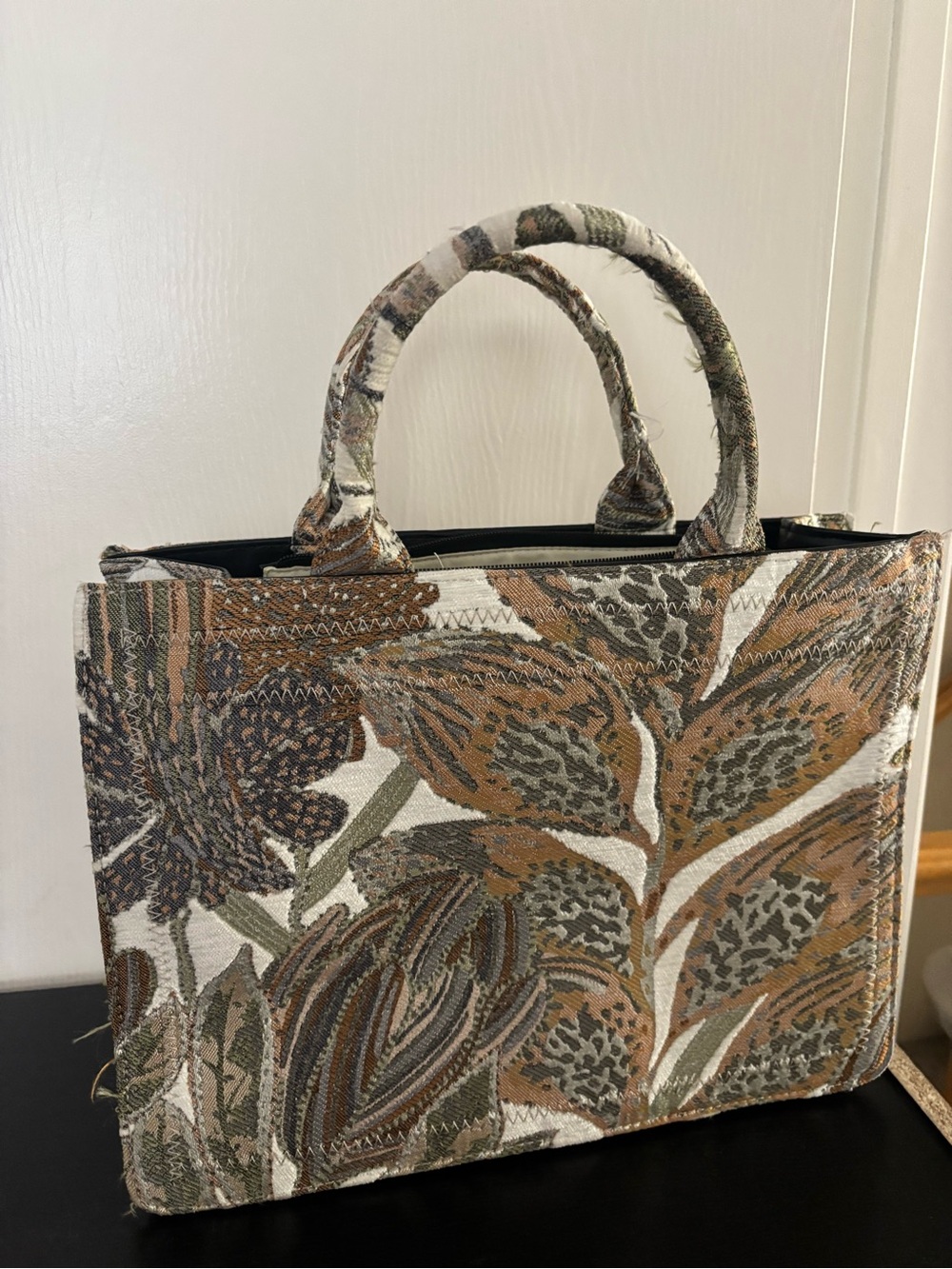 Woven Floral Tapestry Tote Bag in Brown & Green